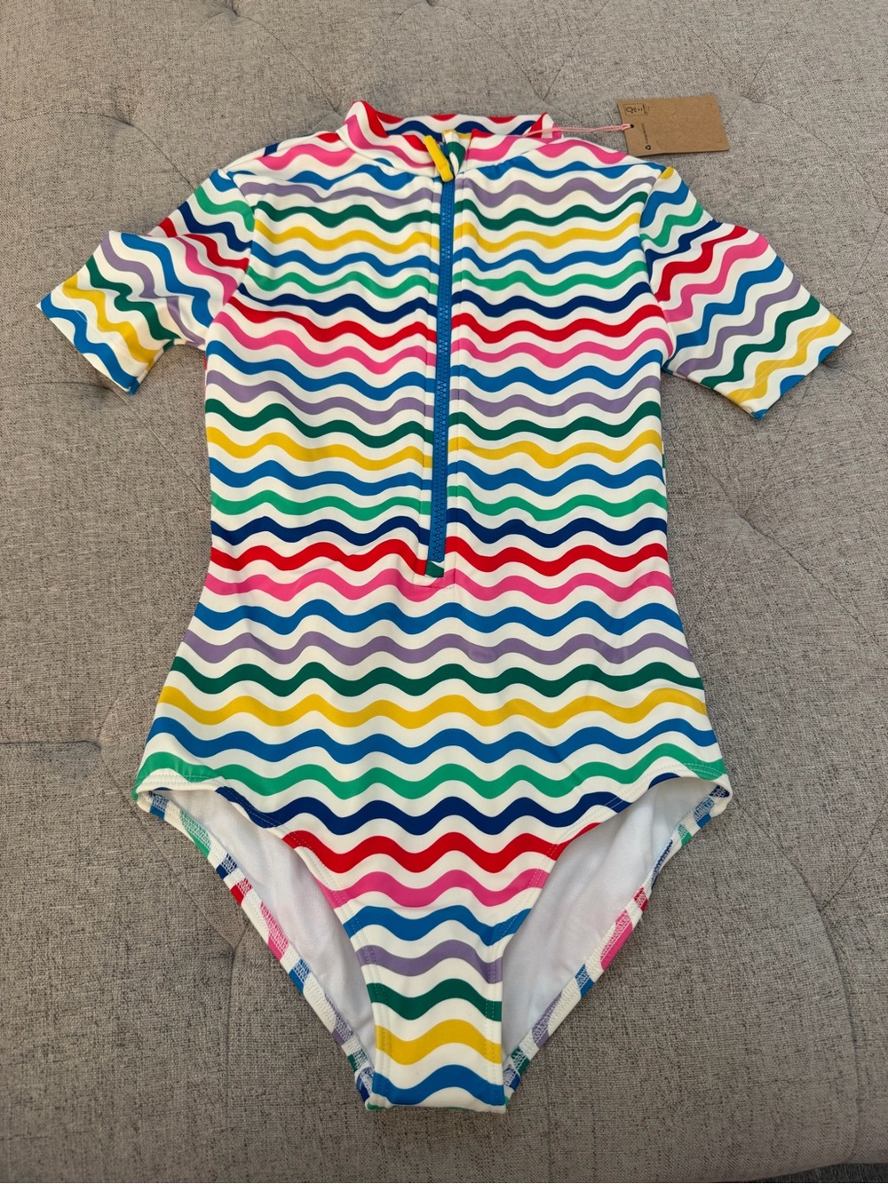 NWT BODEN SHORT SLEEVE SWIMSUIT RAINBOW ZIG ZAG STRIPE SIZE 9-10